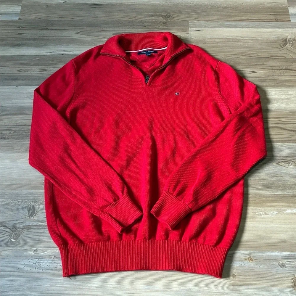 Tommy Hilfiger Men's L Quarter Zip Sweater Red Cotton  Preppy